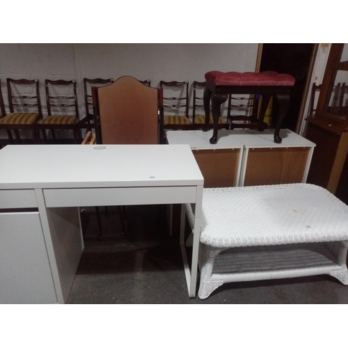 347 - A white desk and a white wicker table etc