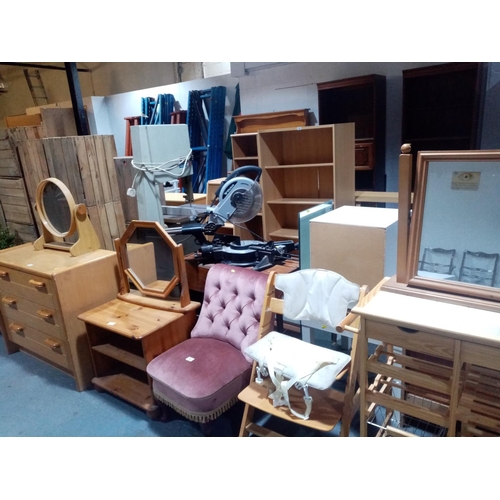 348 - Pine furniture to include chest of drawers, kitchen trolley, high chair etc