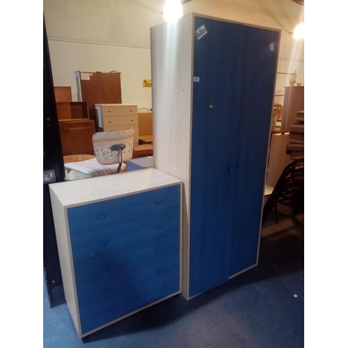 350 - Pine and blue double wardrobe and matching chest of drawers