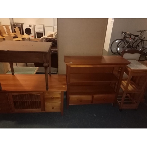 354 - Teak bookcase, teak TV unit, mahogany coffee table, 2 pine units etc