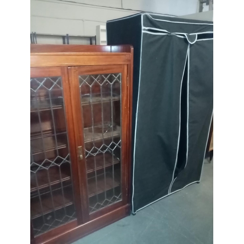 357 - Fabric wardrobe and an oak display cabinet etc
