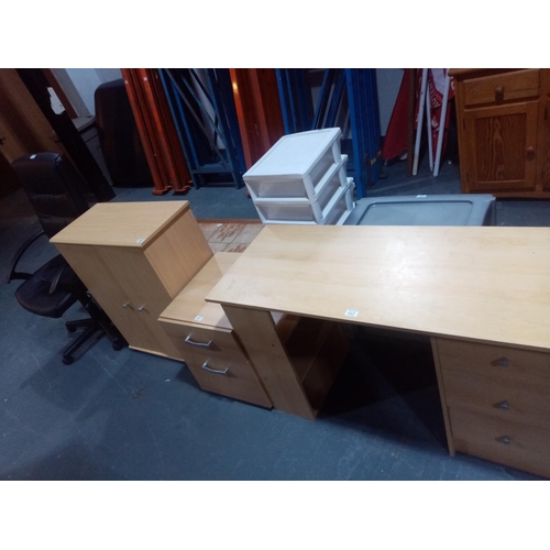 367 - 2 Pine effect office units, pine effect desk and leather swivel chair