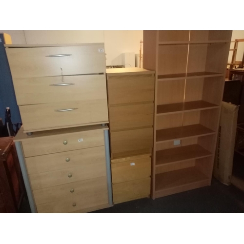 371 - 3 Pine effect chest of drawers, a pine bedside table, pine table etc