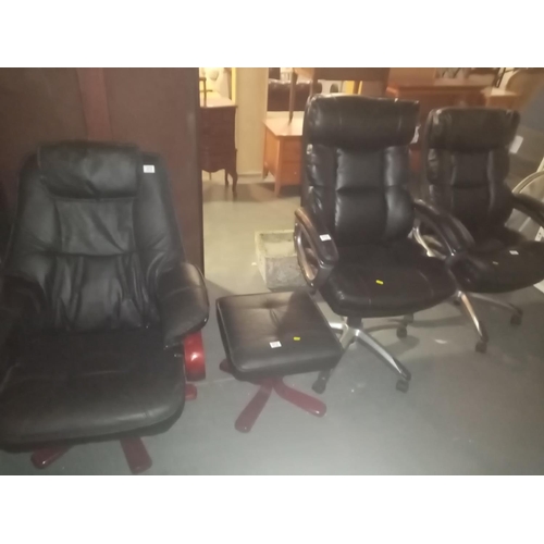 373 - 3 Black leatherette swivel chairs and 1 stool