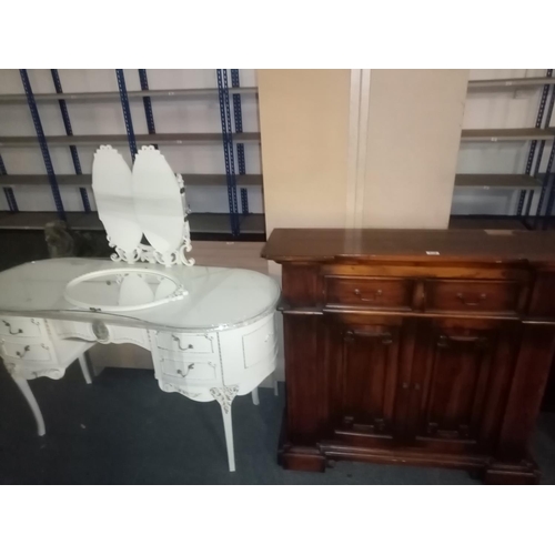 375 - Kidney shaped dressing table and triple mirror and an oak cupboard