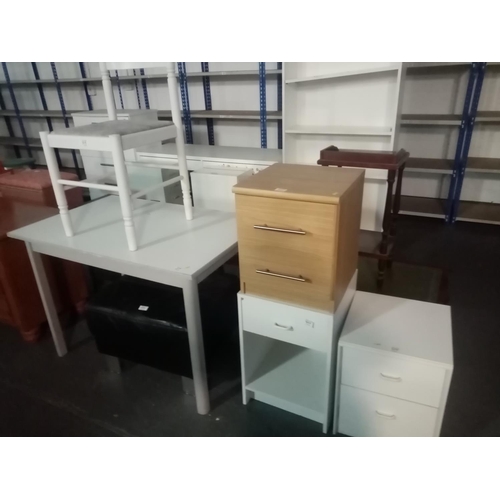 377 - Painted dining table and 1 chair, 3 bedside cabinets etc