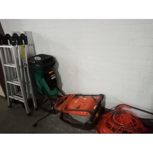 441 - 2 Flymo electric mowers, a Bosch garden shredder, platform ladders, triple ladders etc