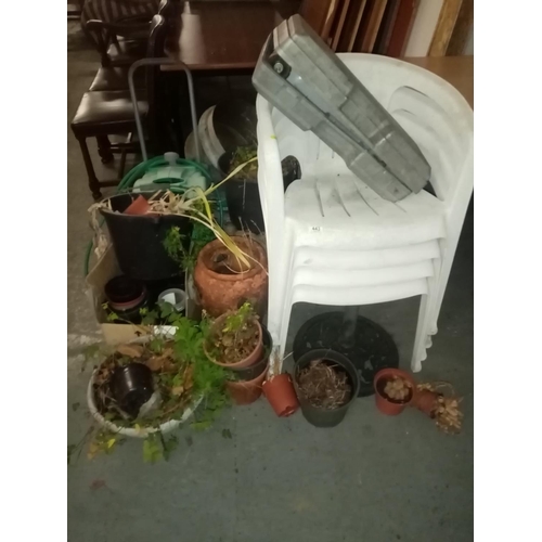 443 - Garden items to include pots and planters, hose, plastic chairs etc