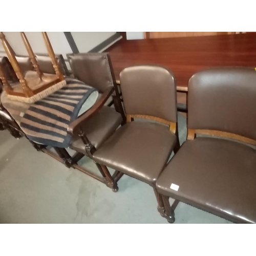 444 - 8 oak framed leather topped chairs, stool, rug etc