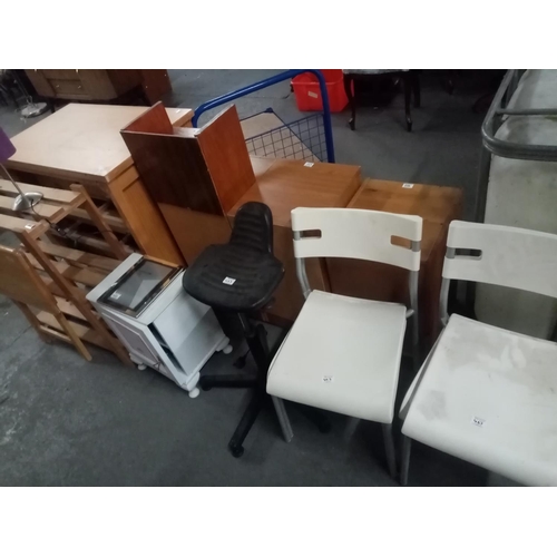 463 - Pine unit, 4 stacking chairs, standard lamp, fold up table etc