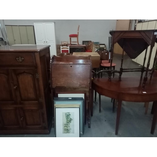 475 - Oak tallboy, oak bureau, drop leaf table etc