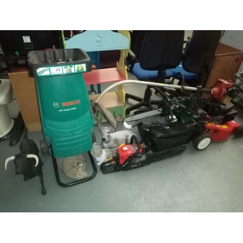 478 - Garden ornaments, a Homelite petrol lawn mower, Homelite petrol strimmer, 2 x hedge cutterse and a B... 