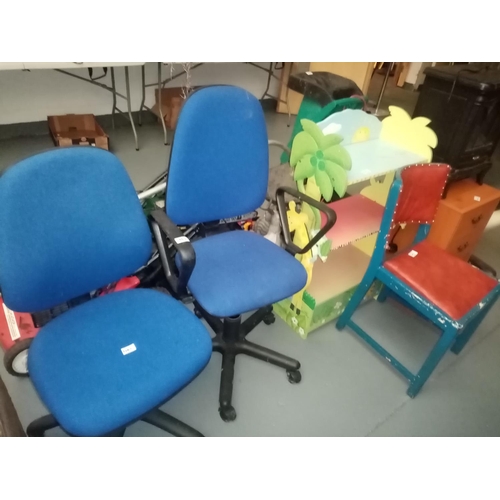 483 - 2 x office chairs, kids bookshelf, bedside cabinet, electric fire, an IJoy ride seat etc