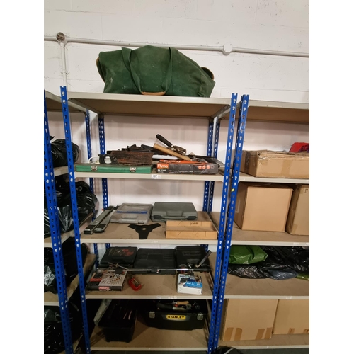 307 - 4 Shelves of mixed tools to include hammers, saws, staple guns, etc