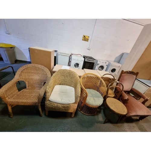 367 - 3 Wicker chairs and 2 bentwood dining chairs, etc