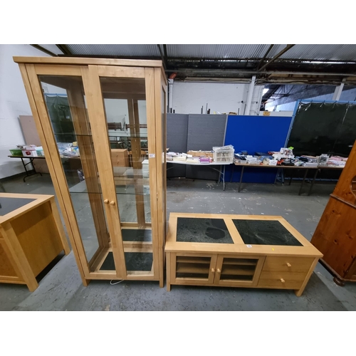 448 - Pine display cabinet and marble topped pine sideboard