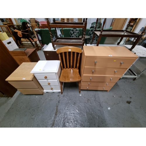 450 - Pine effect chest of drawers, pine dining chair, 2 bedside cabinets, etc