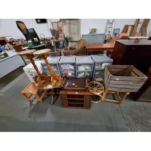 452 - Furniture to include 2 pine stools, oak piano stool, side tables, etc