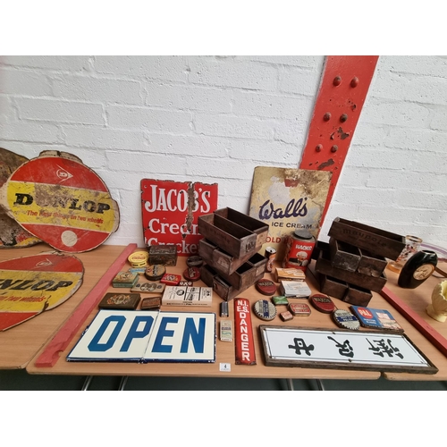 4 - Three original enamel signs including Walls Ice Cream, Open/Closed, and advertising boxes and tins t... 