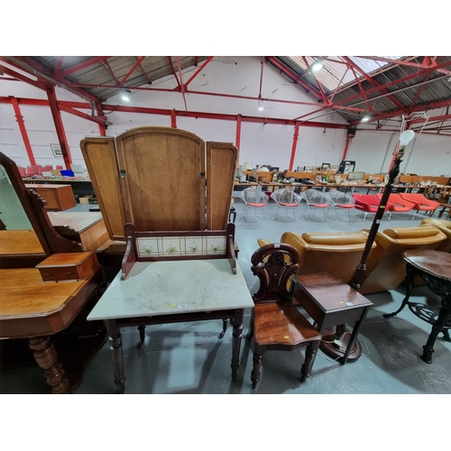 124 - A marble top washstand, hall chair, sewing box and a standard lamp