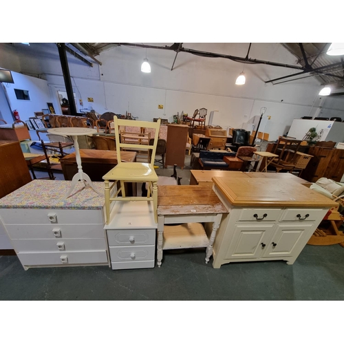 386 - White chest of drawers, painted pine sideboard, side table, etc