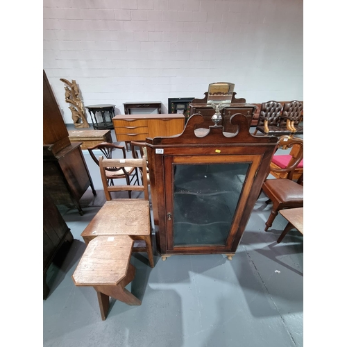 113 - A mahogany corner cabinet, hall chair and an oak side table