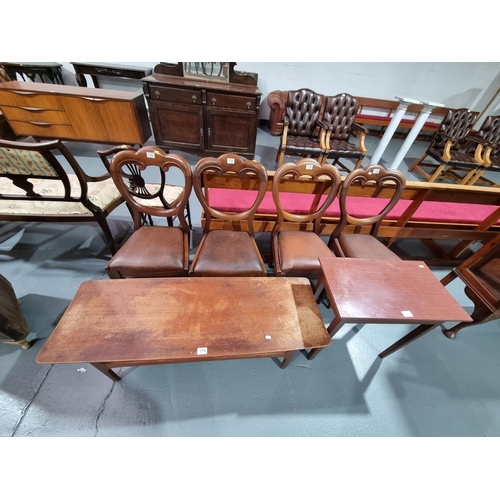 114 - Four mahogany balloon back chairs, teak coffee table and one other table