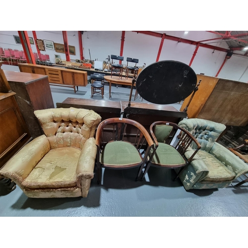 128 - Two early tub chairs - require upholstery - and two mahogany inlaid chairs