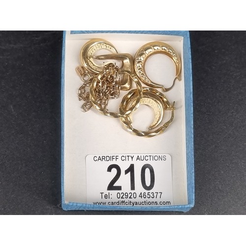 210 - 9k gold earrings, a chain and scrap gold - weight 4.7 grams