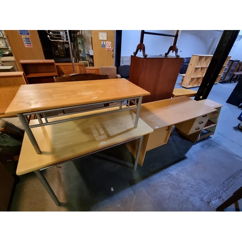 323 - Pine effect desk, dining table, coffee table, etc