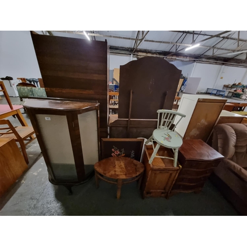 415 - Oak display cabinet, pot cupboard, side table etc