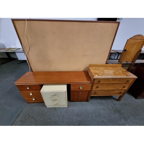 420 - Teak twin pedestal desk, oak chest of drawers etc