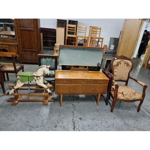 432 - A childs rocking horse, parlour chair, mahogany dressing table and mirror