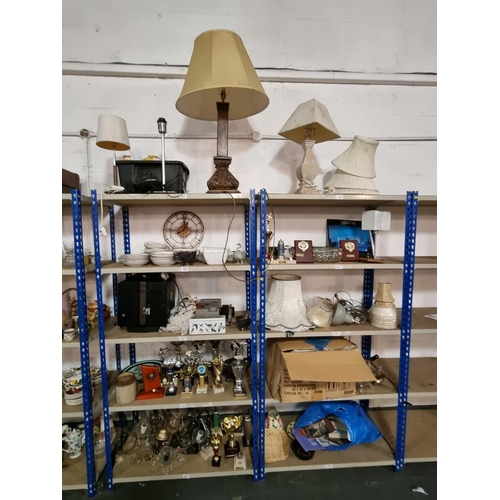 445 - Household items to include lamps, china, reel to reel player, etc (10 shelves)