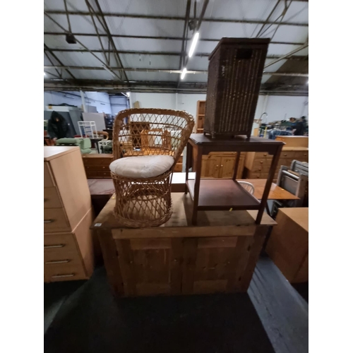 423 - Pine sideboard, wicker chair etc