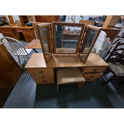424 - Oak effect desk/dressing table, stool and triple mirror
