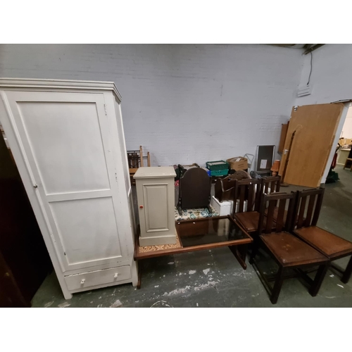 433 - White painted wardrobe, 4 oak dining chairs etc
