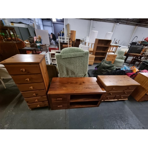 440 - A pine 2 over 2 chest of drawers, mango wood TV unit and a tall pine chest of drawers