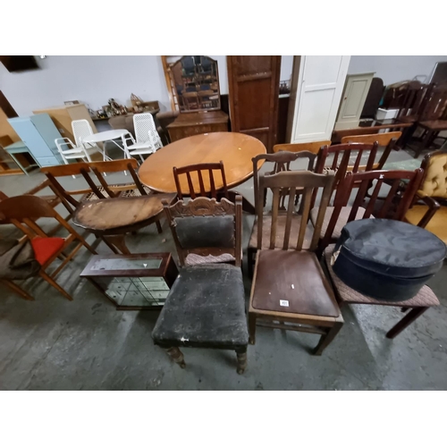 451 - 6 Various dining chairs, oak side table, etc