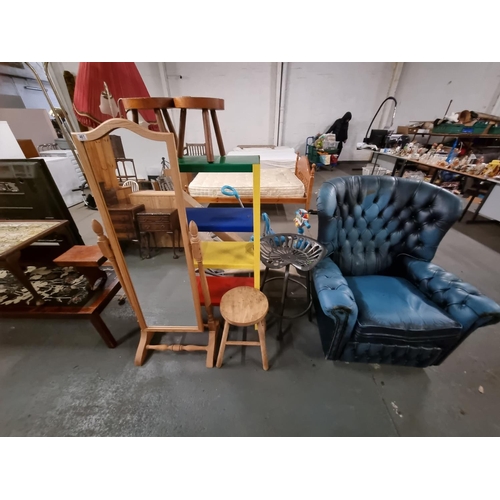 461 - Childs metal shelving, retro stool, leather chesterfield armchair etc