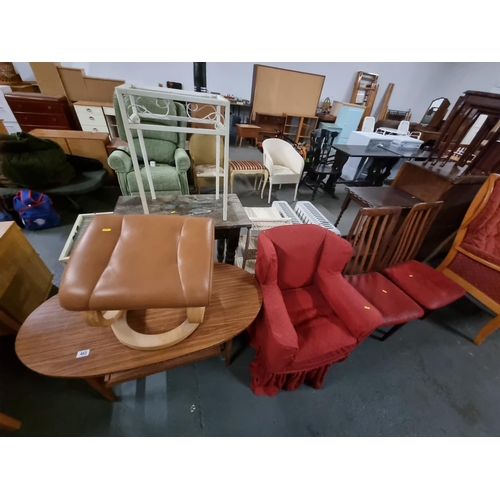 465 - 2 oak dining chairs, childs fabric armchair, leather stool etc