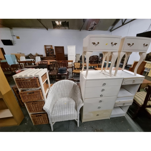 469 - White chest of drawers, 2 bedside cabinets, wicker chair etc