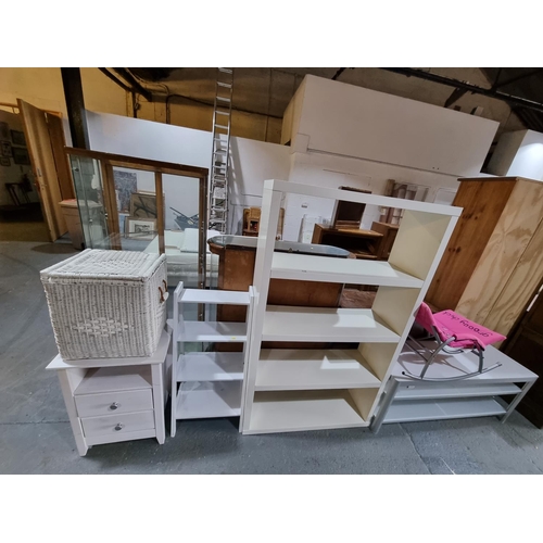 318 - White bookcases, wicker basket, glass coffee table, etc