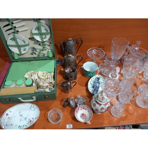 72 - Cut glass and crystal to include Waterford, a silver plated tea and coffee set, vintage picnic hampe... 