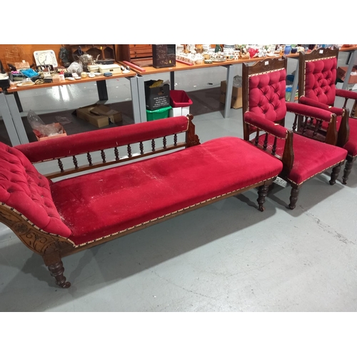 103 - A red velvet chaise longue with 2 fireside armchairs