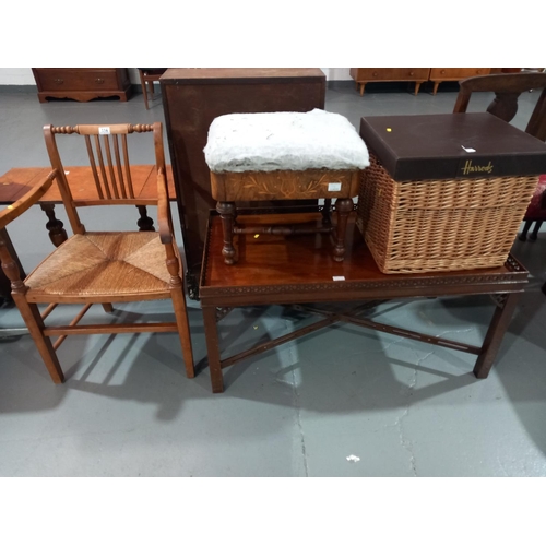 114 - A wicker Harrods box, Wadmanns vintage stool, an oak country chair and a mahogany reproduction silve... 