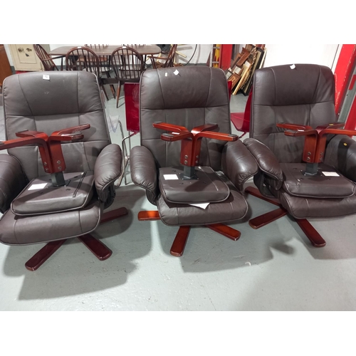 128 - Three leatherette reclining easy chairs with matching footstools