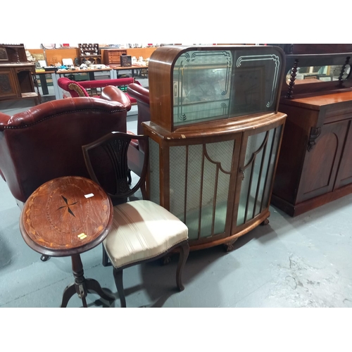 131 - An Art Deco walnut drinks cabinet, bedroom chair and inlaid side table