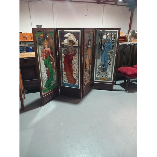 139 - A four panel Mucha Four Seasons mirrored folding screen