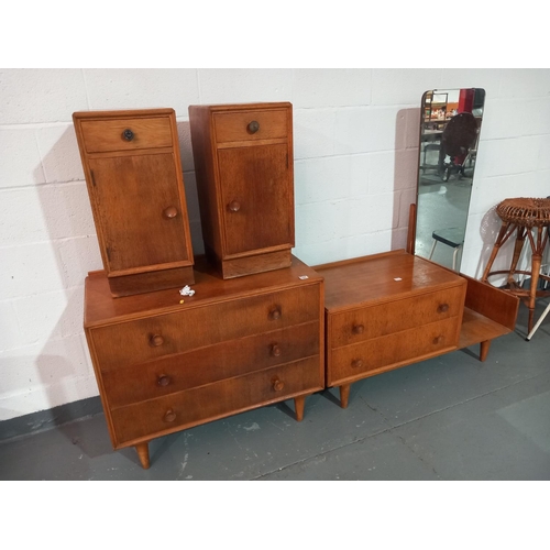 144 - Two teak bedside cabinets, chest of drawers and a dressing table